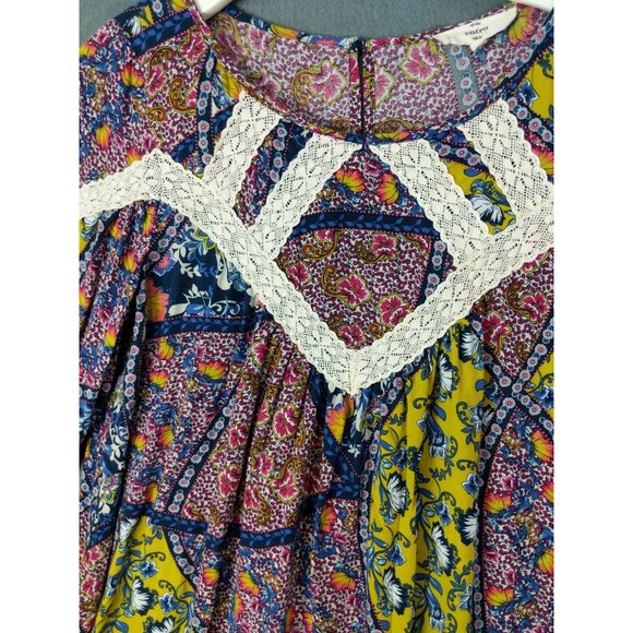 ENTRO Women Tunic Dress SZ M Patchwork Floral Lace Flare Pleated 3/4 Sleeve Boho - Picture 3 of 9